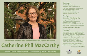 Catherine Phil MacCarthy poster for reading at St. Thomas University, Minnesota
