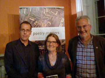Photograph of Pat Boran, Catherine Phil MacCarthy and Mark Roper at the Dedalus Press launch of their respective poetry collections From left to right: Pat Boran, Catherine Phil MacCarthy and Mark Roper